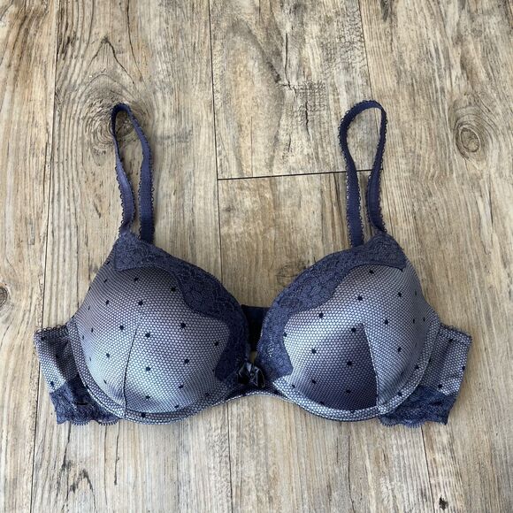 Ambrielle Pushup Bra Blue Lace Satin 36B Beautiful Polka Dot - Picture 1 of 8